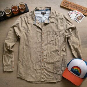 Horny Toad Men’s Large Striped Button Up Shirt Tan Khaki Lightweight Cotton Long